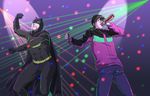  abs batman batman_(series) beard belt black_hair bottle bruce_wayne cape crossover dance dancing darker_than_black dc_comics denim drinking facial_hair hei horns jacket jeans laser multiple_boys pants 