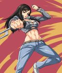  abs aiki_(manga) amber_eyes angry black_hair breasts cleavage denim female jeans kageyasu_akemi long_hair midriff muscle muscular_female nekomamire nekonekomamire pants sai sai_(weapon) solo source_request weapon yellow_eyes 