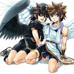  2boys angel bare_shoulders bike_shorts black_eyes black_hair blue_eyes brown_hair bulge dark_persona dark_pit dual_persona fingerless_gloves gloves hpa kid_icarus kid_icarus_uprising legs looking_at_viewer lowres male nintendo open_mouth pit pit_(kid_icarus) sandals shota super_smash_bros. wings 