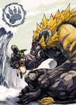  anger angry capcom faceoff felyne highres horns monster_hunter mountain mountains rajang red_eyes tail you_gonna_get_raped 