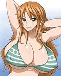  bikini_top breasts covered_nipples earrings huge_breasts jewelry long_hair nami_(one_piece) one_piece orange_hair otogi_tetsurou smile solo tattoo 