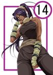  bibi_(kairanbangate) bleach blush breasts dark_skin detached_sleeves erect_nipples female green_eyes highres large_breasts long_hair no_bra ponytail purple_hair sash shihouin_yoruichi sideboob smile solo white_background yellow_eyes 