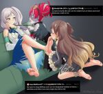  3girls animal_ears anya_melfissa bangs barefoot blonde_hair blush bow braid braided_bangs brown_hair collar colored_skin couch dog_ears earrings feet foot_worship grey_hair hair_ornament heavy_breathing highres hololive hololive_indonesia jewelry kureiji_ollie leash licking licking_foot long_hair maozi_dan multicolored_hair multiple_girls open_mouth patchwork_skin pavolia_reine pet_play purple_eyes red_hair smile stitched_face stitches toe_sucking toes tongue tongue_out twitter twitter_username two_side_up virtual_youtuber wavy_hair yuri zombie 