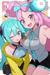  2girls aqua_eyes aqua_hair aqua_necktie bare_shoulders blue_eyes blue_hair blush bow-shaped_hair breasts character_hair_ornament closed_mouth collarbone commentary_request cosplay costume_switch criss-cross_halter grey_shirt hair_between_eyes hair_ornament halter_shirt halterneck hatsune_miku hatsune_miku_(cosplay) heart highres iono_(pokemon) iono_(pokemon)_(cosplay) jacket large_breasts long_hair long_sleeves looking_at_viewer medium_breasts multicolored_hair multiple_girls necktie number_tattoo odorukaminoke one_eye_closed open_mouth oversized_clothes pink_hair pokemon pokemon_scarlet_and_violet redrawn sharp_teeth shirt sleeveless sleeveless_shirt sleeves_past_fingers sleeves_past_wrists small_breasts smile split-color_hair tattoo teeth tongue tongue_out twintails two-tone_hair upper_teeth_only very_long_hair vocaloid yellow_jacket 