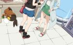  2girls ass bag berry_(pokemon) black_boots black_socks blue_coat blue_shorts boots closed_eyes coat green_skirt hilda_(pokemon) indoors leppa_berry lower_body lying momomatang multiple_girls on_side open_clothes open_coat pencil_skirt pink_bag pokedex pokemon pokemon_(creature) pokemon_black_and_white professor_juniper shoes shorts skirt sleeping socks standing table tepig 