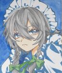  1girl blue_background blue_vest bow braid closed_mouth commentary_request frown green_bow green_ribbon grey_eyes grey_hair hair_bow highres izayoi_sakuya long_hair looking_at_viewer maid maid_headdress neck_ribbon portrait ribbon shikishi shirt solo touhou traditional_media twin_braids uchisaki_himari vest white_shirt 