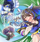  4girls ^_^ absurdres animal_ears bare_shoulders black_shoes blue_eyes blue_hair blue_jacket blue_shirt blue_sleeves bracelet braid brown_hair closed_eyes commentary_request daiichi_ruby_(brilliant_red_gemstone)_(umamusume) daiichi_ruby_(umamusume) daitaku_helios_(fun_fun_party_night)_(umamusume) daitaku_helios_(umamusume) detached_sleeves dress drill_hair ear_covers ear_scrunchie fang highres horse_ears horse_girl jacket jewelry k.s.miracle_(prism)_(umamusume) k.s.miracle_(umamusume) kichi_tik long_hair long_sleeves looking_ahead low_twintails mary_janes mismatched_ear_covers multicolored_hair multiple_girls necklace pantyhose purple_dress purple_eyes red_scrunchie running scrunchie shirt shoes short_hair streaked_hair twintails umamusume white_pantyhose yamanin_zephyr_(fluttertail_spirit)_(umamusume) yamanin_zephyr_(umamusume) 