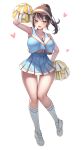  1girl :d absurdres arm_up armpits blue_skirt blush breasts brown_hair cheerleader cleavage collarbone commentary crop_top crop_top_overhang full_body hakusyokuto hand_on_own_hip heart highres holding holding_pom_poms kneehighs knees_together_feet_apart large_breasts long_hair looking_at_viewer midriff miniskirt navel open_mouth original pleated_skirt pom_pom_(cheerleading) ponytail shirt shoes simple_background skirt sleeveless sleeveless_shirt smile sneakers socks solo standing sweat thigh_gap thighs visor_cap white_background white_socks 