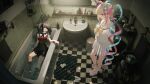  2girls absurdres ame-chan_(needy_girl_overdose) aqua_hair arms_behind_back basket bathroom bathtub belt black_hair black_nails black_ribbon black_skirt black_socks blister_pack blonde_hair blue_bow blue_eyes blush bottle bow box checkered_floor chouzetsusaikawa_tenshi-chan clothed_bath commentary faucet fingernails glass gradient_hair hair_bow hair_ornament hair_over_one_eye hairclip heart heart_hair_ornament heart_sticker highres in_bathtub indoors knees ku_qiao_kujo leg_belt long_hair long_sleeves looking_at_another lying mary_janes mirror multicolored_hair multiple_girls nail_polish needy_girl_overdose on_back overdose petals pill pill_bottle pink_bow pink_hair plant pleated_skirt purple_bow purple_eyes purple_hair quad_tails red_nails red_shirt reflection ribbon rug sailor_collar school_uniform serafuku shampoo_bottle shirt shoes single_hair_intake sink skirt socks sticker suspender_skirt suspenders thighs tile_wall tiles toothbrush towel trash_can twintails washing_machine water white_belt white_sailor_collar white_serafuku white_shoes white_skirt window yellow_bow 