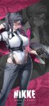  1girl absurdres assault_rifle black_gloves black_hair black_necktie breasts chest_harness closed_mouth collared_leotard copyright_logo covered_navel e.h._(junkyard_vanguard)_(nikke) e.h._(nikke) gloves goddess_of_victory:_nikke grey_pants gun half_gloves handgun harness highleg highleg_leotard highres holding holding_gun holding_unworn_clothes holding_unworn_jacket holding_weapon jacket large_breasts leotard leotard_under_clothes leotard_under_pants logo long_sidelocks looking_at_viewer necktie official_alternate_costume official_alternate_hairstyle open_fly pants pink-tinted_eyewear ponytail projected_inset rifle round_eyewear sidelocks sleeves_rolled_up solo tinted_eyewear tokarev_tt-33 underbust unworn_jacket weapon white_leotard 