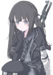  1girl ammunition_pouch arm_belt asymmetrical_gloves bandaged_arm bandaged_hand bandages black_choker black_coat black_dress black_gloves black_hair black_hat black_ribbon choker closed_mouth coat collared_dress commentary_request dress gloves goggles goggles_on_headwear grey_eyes hair_ornament hat highres kurobe_nanoka long_hair mahou_shoujo_no_majo_saiban midori0 neck_ribbon plaid_clothes plaid_dress pouch ribbon simple_background solo split_mouth twintails unworn_headwear upper_body white_background 