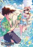  1boy 1girl :o ball beach beachball bikini blue_bikini blue_eyes bow brown_hair cloud copyright_logo copyright_notice cumulonimbus_cloud day eye_contact floral_print floral_print_shirt foot_out_of_frame green_shirt grin hat hat_bow hawaiian_shirt highres holding holding_ice_cream_cone holding_water_gun ice_cream_cone kuroba_kaito leg_up logo long_hair looking_at_another meitantei_conan meitantei_conan_card_game nakamori_aoko navel ocean official_art open_clothes open_shirt outdoors palm_tree pink_bow print_shirt sample_watermark sandals shirt short_hair smile splashing summer swimsuit teeth tree water_gun watermark wince zuku_p 