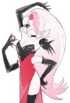  1boy :d anchun_(quail0503) angel_dust arm_above_head arm_up arthropod_boy between_fingers black_choker black_gloves black_thighhighs body_markings chest_fur choker circle_facial_mark colored_sclera commentary cowboy_shot crossdressing crossdressing_(mtf) curtained_hair drag_queen dress elbow_gloves english_commentary evening_gown extra_arms eyeshadow facial_mark fingernails flipped_hair fluffy_hair forehead foreshortening glitter glitter_dress gloves gradient_hair hair_over_one_eye hand_on_own_hip hazbin_hotel heart heart_facial_mark hellaverse highres holding long_hair looking_at_viewer makeup male_focus mark_under_eye multicolored_dress multicolored_hair one_eye_covered outstretched_arm pale_skin pink_eyeshadow pink_hair poker_chip puffy_chest red_dress red_eyes sharp_fingernails side_slit simple_background smile strapless strapless_dress thick_eyelashes thighhighs trap two-tone_dress very_long_hair white_background yellow_sclera 