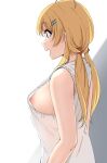  1girl ahoge bare_shoulders blonde_hair breasts emu_1316 from_side green_eyes hachimiya_meguru hair_ornament hairclip idolmaster idolmaster_shiny_colors large_breasts long_hair looking_to_the_side low_twintails nipples no_bra open_mouth shirt sideboob simple_background solo twintails white_background white_shirt 