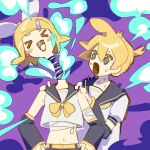  &gt;_&lt; aqua_eyes bandaged_arm bandaged_chest bandages bare_shoulders black_sailor_collar blonde_hair blush_stickers bow chi_ya commentary crop_top disembodied_head flinch hair_bow halloween hands_on_another&#039;s_shoulders hands_on_hips heart highres kagamine_len kagamine_rin midriff navel neckerchief open_mouth purple_background sailor_collar scared shirt short_hair short_ponytail smile smoke spiked_hair spring_(object) surprised sweat sweating_profusely symbol-only_commentary trick upper_body vocaloid white_bow white_shirt yellow_neckerchief 