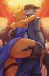 anthro arm_around_neck arm_around_partner blue_dress_shirt blush boyfriend/girlfriend canid canine canis canon_couple clothing dancing diane_foxington dreamworks duo female fox fur grey_body grey_fur hand_on_back hi_res holding_leg holding_partner holding_thigh male male/female mammal mergremil mr._wolf_(the_bad_guys) orange_body orange_fur panties raised_leg standing suit the_bad_guys underwear wolf
