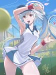  1girl armpits ball blue_archive collared_dress dress grey_wings halo hand_up head_wings highres holding holding_racket holding_tennis_racket long_hair mole mole_under_eye nikulas_cage open_mouth pink_hair pink_halo playing_sports ponytail racket single_head_wing single_wing sleeveless sleeveless_dress solo sportswear suzumi_(blue_archive) tennis tennis_ball tennis_court tennis_dress tennis_racket tennis_uniform trinity_general_school_logo visor_cap wings wristband 