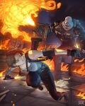  1boy 1girl black_gloves blue_shirt brown_hair commentary english_commentary ferdiemvira fingerless_gloves fire firing flamethrower gloves gun handgun highres holding holding_flamethrower holding_gun holding_weapon jill_valentine nemesis_(resident_evil) night one-eyed pants police_badge resident_evil resident_evil_3:_nemesis resident_evil_3_(remake) shirt short_hair signature weapon 