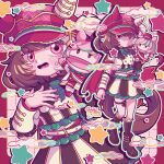  1girl animal_ears black_boots black_socks blush boots bow breasts brown_hair cape closed_mouth commentary ear_covers ears_through_headwear green_bow hair_between_eyes hand_puppet hat highres horse_ears horse_girl jacket kneehighs long_sleeves looking_at_viewer marche_lorraine_(racing)_(umamusume) marche_lorraine_(umamusume) mismatched_ear_covers open_mouth puppet purple_eyes red_cape short_hair socks star_(symbol) sweatdrop syu_x thick_thighs thighs umamusume white_jacket 
