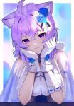  1girl :3 ahoge animal_ears ao_ne bangs breast_squeeze breasts cat_ears cloak closed_mouth crossed_bangs dress elbow_rest flower gloves hair_between_eyes hair_flower hair_ornament hands_up highres hololive jitome large_breasts light_purple_hair looking_at_viewer medium_hair nekomata_okayu outside_border purple_eyes see-through smile solo upper_body virtual_youtuber 
