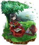  1girl absurdres black_hair blunt_bangs chamaji commentary commission dominions_(game_series) dress english_commentary frilled_dress frills from_above gem gold_necklace grass green_gem hands_up herb_bundle highres holding holding_vial jewelry leaf long_hair long_sleeves looking_at_viewer mortar_(bowl) necklace on_ground open_mouth pestle red_dress red_eyes red_sleeves river sitting solo suitcase tree under_tree vial witch 