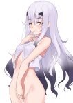  1girl bangs bare_shoulders bottomless breasts brown_eyes camisole fairy_knight_lancelot_(fate) fate/grand_order fate_(series) female_masturbation forked_eyebrows highres jilu licking_lips long_hair looking_at_viewer masturbation pussy_juice sidelocks small_breasts smile solo thighs tongue tongue_out white_camisole white_hair 
