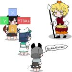  4girls animal_ears asymmetrical_wings barefoot bishamonten's_spear black_dress black_hair blonde_hair blue_hair blue_wings button_prompt capelet closed_mouth commentary_request dress frown full_body grey_capelet grey_hair grey_skirt highres houjuu_nue kurotaro long_sleeves looking_at_another mario_(series) mouse_ears mouse_girl mouse_tail multiple_girls murasa_minamitsu nazrin parody red_dress red_eyes red_wings shirt short_hair shorts simple_background skirt sleeveless sleeveless_dress standing super_mario_rpg tail toramaru_shou touhou translation_request white_background white_shirt white_shorts wings 