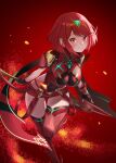  1girl aegis_sword_(xenoblade) bob_cut breasts chest_jewel embers fingerless_gloves gloves highres holding holding_weapon joao_(moitaartwork) large_breasts light_smile looking_at_viewer micro_shorts pyra_(xenoblade) red_eyes red_hair red_shorts red_thighhighs short_hair shorts smile solo suspenders_hanging swept_bangs thighhighs tiara weapon xenoblade_chronicles_(series) xenoblade_chronicles_2 