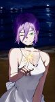  1girl beach breasts chainsaw_man choker cleavage dress green_eyes highres moon moti1250 night ocean purple_hair reze_(chainsaw_man) solo sparks waves white_dress 