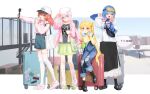  4girls ahoge aircraft airplane bag baseball_cap beanie black_boots black_shirt black_skirt black_socks blonde_hair blue_eyes blue_shirt blue_shorts blush bocchi_the_rock! boots breasts camera commentary crocs eltir gotoh_hitori gotoh_hitori_(tsuchinoko) green_bag green_eyes green_shoes green_skirt guitar_case hair_between_eyes hair_ornament hairclip hat headphones headphones_around_neck highres hood hood_down hoodie ijichi_nijika instrument_case jacket jewelry kessoku_band kita_ikuyo leg_warmers long_hair long_sleeves medium_breasts mole mole_under_eye multiple_girls necklace one_eye_closed one_side_up open_clothes open_jacket open_mouth orange_eyes pink_hair pink_hoodie pink_jacket pink_leg_warmers pink_shoes red_hair rolling_suitcase shirt shoes shorts shoulder_bag side_ponytail simple_background skirt sleep_mask socks suitcase thighhighs untranslatable_commentary white_background white_bag white_hat white_shirt white_thighhighs yamada_ryo yawning yellow_shirt zettai_ryouiki 
