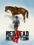  1boy akira_(manga) akira_movie_poster arthur_morgan black_hat black_pants blue_shirt boots brown_boots commentary copyright_name cowboy_hat english_commentary english_text hat highres horse pants poster_parody red_dead_redemption_(series) red_dead_redemption_2 shirt tempii 