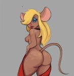  anthro big_butt blonde_hair breasts butt female grey_background hair hair_over_eye mammal mouse murid murine one_eye_obstructed rodent simple_background solo zelles 