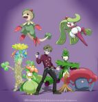  1boy absurdres arboliva belt black_pants brassius_(pokemon) breloom closed_eyes closed_mouth commentary email_address english_commentary facebook_logo facebook_username full_body grass_type_theme_(pokemon) green_hair green_shoes grey_eyes highres holding holding_tera_orb holding_whip instagram_logo instagram_username legs_apart lilligant long_sleeves male_focus midair one_eye_closed open_mouth pants pink_eyes pokemon pokemon_(creature) pokemon_scarlet_and_violet pokemon_team purple_background purple_shirt shadow shirt shoes short_hair simple_background sitting smile sparkle standing sudowoodo tera_orb terastallization tsareena twitter_logo twitter_username vileplume whip wolfspiderlex 