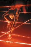  1girl all_fours batman_(series) black_bodysuit bodysuit catwoman commentary dc_comics english_commentary highres laser laser_hallway looking_at_viewer red_lips scott_forbes selina_kyle solo 