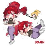  2girls :t armpits black_singlet blowing_whistle blush bottle breasts chibi chibi_only closed_mouth commentary_request earrings elf exercising failure haley_(trickcal) highres jewelry long_hair medium_breasts midriff multiple_girls navel open_mouth pants pink_eyes pointy_ears pout puffy_cheeks red_hair ringed_eyes sit-up smile sneaker soosaresu sunglasses sweat track_pants trickcal v-shaped_eyebrows water_bottle whistle white_background youngchun_(trickcal) 