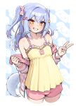  1boy bare_shoulders blue_background blue_hair border bow bulge camisole commentary_request commission cowboy_shot cropped_legs crossdressing crossdressing_(mtf) dog_tail double-parted_bangs dress empire_waist grin hair_bow happy hood hood_down hoodie hoodie_partially_removed inuyama_tamaki inuyama_tamaki_(4th_costume) light_blush long_hair looking_at_viewer male_focus multiple_hair_bows noripro official_alternate_costume omaru_gyuunyuu outside_border pajamas pastel_colors pinafore_dress pink_shorts polka_dot polka_dot_bow purple_hair second-party_source short_shorts shorts sidelocks simple_background skeb_commission sleeveless sleeveless_dress smile solo standing striped_clothes striped_hoodie tail trap two_side_up v virtual_youtuber white_border yellow_dress yellow_eyes 