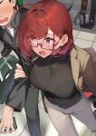  1girl 92m black_sweater blush breasts brown_jacket commentary_request fingernails grey_pants highres jacket jewelry kinshi_no_ane large_breasts long_sleeves necklace open_mouth original pants pink-framed_eyewear red_eyes red_hair short_hair sweater translation_request turtleneck turtleneck_sweater 