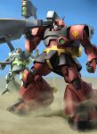  army bazooka_(gundam) beam_cannon commentary_request desert dirty dom_(mobile_suit) dust dwadge_custom energy_gun external_fuel_tank gundam gundam_zz mecha mecha_focus mobile_suit neo_zeon no_humans one-eyed_mecha radio_antenna raybar realistic robot roundel scene_reference science_fiction signature war weapon 