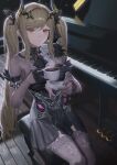  1girl absurdres black_dress black_gloves black_horns blonde_hair bodystocking breasts brown_eyes coffee_mug commentary_request cup dress duet_night_abyss flora_(duet_night_abyss) gloves grey_thighhighs hair_ornament highres holding holding_cup horns indoors instrument korean_commentary long_hair looking_at_viewer medium_breasts molyb mug parted_lips piano sidelocks solo thighhighs twintails wooden_floor 