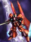  bazooka_(gundam) beam_cannon commentary_request gundam gundam_zz mecha mecha_focus mobile_suit nebula neo_zeon no_humans one-eyed_mecha raybar realistic rick_dias robot schuzrum_dias science_fiction space star_(sky) thrusters zero_gravity 