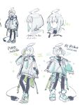  1boy adapted_costume ahoge black_leggings black_shirt blue_eyes boots cable character_name coat commentary copyright_name green_eyes heterochromia highres leggings looking_at_viewer male_focus mi_no_take multiple_views open_mouth profile reference_sheet shirt single_bare_shoulder sketch smile usb utatane_piko vocaloid white_background white_coat white_hair 