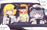  3girls alice_margatroid animal_ears arrest black_necktie blonde_hair blue_eyes brown_horns cigarette coldfish_ovo comfy_(cookie) commentary cookie_(touhou) driving english_commentary english_text grey_hair hat headset highres horns ibuki_suika kofji_(cookie) mouse_ears mouse_girl mouse_tail multiple_girls nazrin necktie open_mouth orange_hair peaked_cap pointy_ears police police_badge police_uniform policewoman profanity red_eyes short_hair smoking steering_wheel tail touhou upper_body web_(cookie) white_hat 
