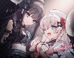  2girls absurdres arcaea balloon bare_shoulders beret black_gloves black_hair blue_bow bow closed_mouth crop_top dress frilled_dress frills gloves hair_bow hat hat_bow highres hikari_(arcaea) hikari_(breakthrough)_(arcaea) holding holding_balloon holding_hands long_hair midriff multiple_girls open_mouth pia_nano plaid_bow red_bow smile tairitsu_(arcaea) tairitsu_(breakthrough)_(arcaea) translation_request unmoving_pattern watermark watermark_grid white_dress white_hair white_hat yuri 