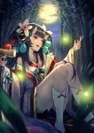  1girl :d absurdres bamboo bamboo_forest bare_shoulders bell black_hair blunt_bangs blurry commentary depth_of_field detached_sleeves fireflies flower forest full_moon hair_flower hair_ornament hakusyokuto highres holding horns japanese_clothes kaguya_hime kimono kneehighs long_hair long_sleeves mallet moon nature night open_mouth outdoors panilla_the_revival pom_pom_(clothes) pom_pom_hair_ornament red_eyes sitting skin-covered_horns sky smile socks solo taketori_monogatari very_long_hair white_flower white_socks wide_sleeves 