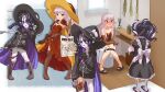  2girls :d absurdres apron bare_shoulders birthday_cake black_cloak black_dress black_hair black_hat black_jacket black_panties black_sandals blush boots bow bright_pupils brown_boots brown_gloves cake candle cloak collarbone collared_shirt colored_skin commentary_request commission day dress dress_shirt elbow_gloves eyepatch fingerless_gloves fire fold-over_boots food gloves grey_hair grey_skin hat highres jacket knees_together_feet_apart long_hair maid maid_apron maid_headdress multiple_girls necromancer nose_blush nyama original panties pants panty_pull pigeon-toed pixiv_commission pointy_ears ponytail purple_bow purple_eyes purple_slippers red_cloak red_dress red_hat sandals shirt single_glove sitting skeleton slippers smile strapless strapless_dress sunlight thigh_boots toilet toilet_use undead underwear very_long_hair wavy_mouth white_pants white_shirt window witch_hat wooden_floor 