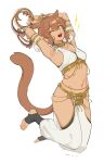 1girl absurdres animal_ears armpits black_socks bracer breasts brown_hair cat_ears cat_girl cat_tail commentary_request dancer dated earrings facial_mark female_pubic_hair final_fantasy final_fantasy_xiv full_body gold harem_outfit highres holding jewelry jumping kokuya_(kokuya28) looking_at_viewer miqo'te navel no_panties no_shoes one_eye_closed open_mouth orange_eyes pants pubic_hair pubic_hair_peek short_hair simple_background small_breasts smile socks solo stirrup_legwear tail toeless_legwear warrior_of_light_(ff14) whisker_markings white_background white_pants yellow_eyes 