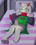  anthro bed bottomless bottomless_male clothed clothing deltarune eyewear furniture genitals glasses hi_res lying male on_back penis presenting ralsei solo tanutanuki undertale_(series) video_games white_body young 