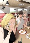  1boy 2girls absurdres blonde_hair blue_eyes blush booth_seating brown_eyes brown_hair butter commentary_request cup disposable_cup drinking_glass drinking_straw food french_fries grey_hair grin gyaru hamazaki_reina harem highres ice ice_cube imaizumi_(imaizumin-chi) imaizumin-chi_wa_douyara_gal_no_tamariba_ni_natteru_rashii implied_handjob indoors ketchup kurumizaka_ruri looking_at_viewer multiple_girls nori_gorou pancake pink_eyes plate restaurant short_hair smile table v 