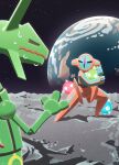  absurdres claws closed_eyes closed_mouth commentary_request deoxys deoxys_(normal) dragon earth_(planet) eastern_dragon highres holding holding_pokemon komepan legs_apart minior moon no_humans planet pokemon pokemon_(creature) rayquaza squatting standing star_(sky) sweat wavy_mouth 