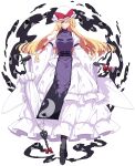  1girl black_boots black_gloves blonde_hair boots bow breasts closed_mouth closed_umbrella commentary_request dress frilled_dress frills full_body gap_(touhou) gloves hair_ribbon hat hat_bow highres holding holding_umbrella long_hair long_sleeves looking_at_viewer medium_breasts mob_cap purple_eyes purple_tabard red_bow red_ribbon ribbon sakuraba_yuuki simple_background smile solo tabard touhou umbrella very_long_hair white_background white_dress wide_sleeves yakumo_yukari yin_yang yin_yang_print 
